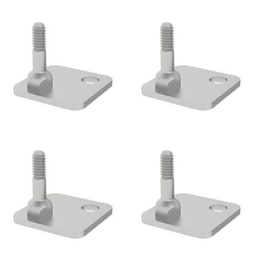 Introducing the Metro SAFP Threaded Seismic Foot Plate Kit, Pack of 4: these identical metal fasteners with threaded bolts and square bases each feature a circular hole, displayed evenly on a white background for secure installation.