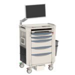 The Metro FLEDOF Flexline ED Overflow Cart, perfect for hospitals or clinics, has four drawers with blue handles, a top-mounted monitor, wheels for easy mobility, and a side waste bin. This light grey cart offers versatile practicality in patient care settings.