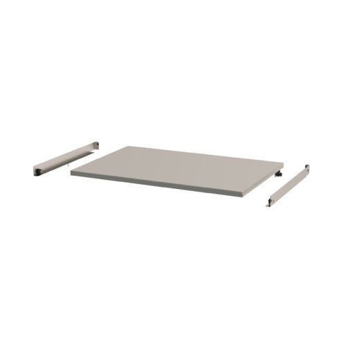 A flat, rectangular piece of light gray furniture resembling the Metro CV2436S Solid Roller Shelf for CaseVue Surgical Case Carts, 24 x 36, features two thin metallic rails on a plain white background.