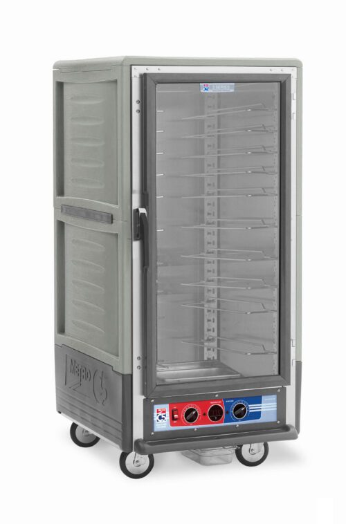 The Metro C537-MFC-U-GY C5 3 Series is a gray, 3/4 height insulated moisture heated holding/proofing cabinet with a full length clear door, universal wire slides, and three wheels. It features control knobs and a digital panel, operating efficiently on 120V at 60Hz and 2000W.