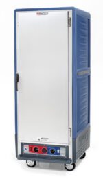 The Metro C539-CXFS-L-BUA C5 3 Series cabinet is a tall, blue insulated food transport cart with a full-length solid door, featuring control dials at the bottom and side handles. It ensures ideal food temperature with lip load aluminum slides for convenience during transport.