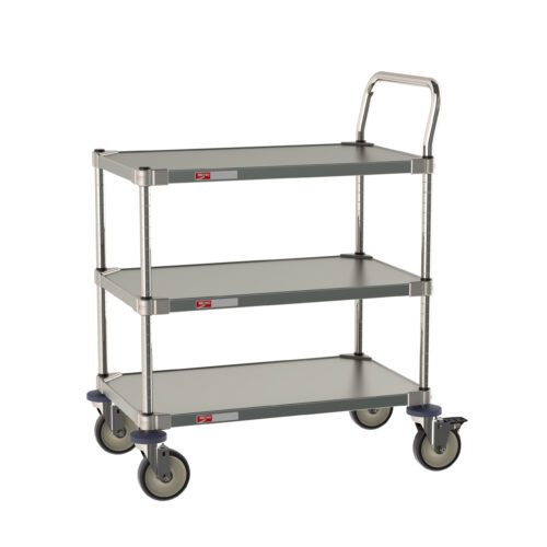 The Metro CRLS223NFS 3-Shelf All Stainless Steel Cart, measuring 18 W x 30 L x 39 H, has three tiers, rubber swivel wheels, a handle for easy transport, and vertical pole-supported rectangular shelves ideal for labs and cleanrooms.