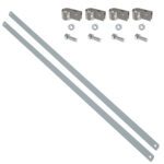 The Metro SA18EC Sway Brace End Kit for 18 and 21 shelves is shown on a white backdrop, featuring two parallel metal strips with four sets of brackets, nuts, and bolts displayed above, highlighting the sturdy components needed for secure installation.