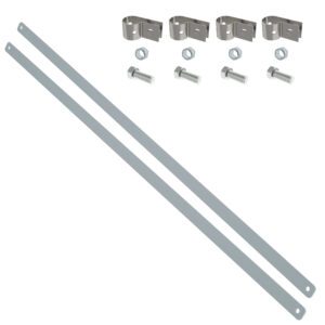 The Metro SA18EC Sway Brace End Kit for 18 and 21 shelves is shown on a white backdrop, featuring two parallel metal strips with four sets of brackets, nuts, and bolts displayed above, highlighting the sturdy components needed for secure installation.
