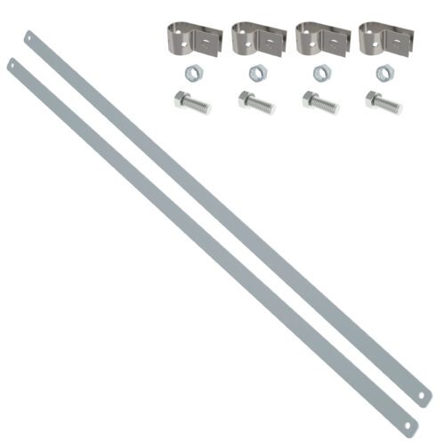 The Metro SA18EC Sway Brace End Kit for 18 and 21 shelves is shown on a white backdrop, featuring two parallel metal strips with four sets of brackets, nuts, and bolts displayed above, highlighting the sturdy components needed for secure installation.