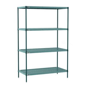 The Metro PR-186074K3-S-4 Super Erecta Pro restaurant shelving unit, measuring 18 x 60 x 74, includes four wire shelves with removable plastic mats. Ideal for organized storage, this standalone green metal unit fits perfectly in garages, pantries, or warehouses.