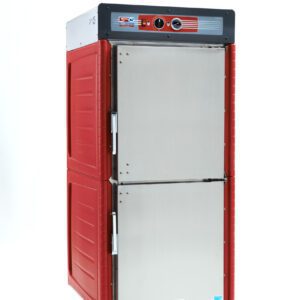 The Metro C549X-ASDS-U C5 4 Series is a red and silver full-height insulated holding cabinet on wheels, featuring top controls and vents, two right-hinged stainless steel doors, universal wire slides, operating at 220-240V and 50/60Hz.