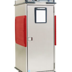 The Metro C5T9X-DSB C5 T-Series Heated Transport Cabinet features a full-height stainless steel design on wheels with red side handles, a top control panel, and a small window on its door. It operates at 50/60Hz for easy mobility, with adjustable bottom load slides and provides 1176-1400W of power.