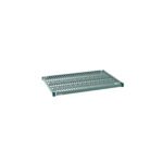 The Metro Super Erecta Pro PR2436NK3 wire shelf, 24 x 36, features a grid-like structure with parallel bars, a teal finish, corner mounting brackets, and a removable plastic mat.