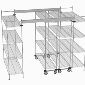 The Metro TT10-E2160M1860C Top-Track Kit offers a customizable U-shaped metal shelving unit with adjustable 60 chrome wire shelves on wheels, supported by sturdy rods, ideal for 10 ft. spaces with an industrial look.