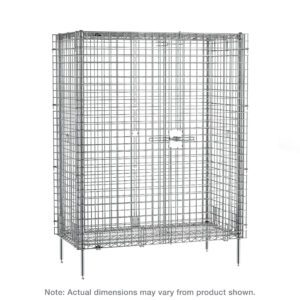 The Metro SEC63C Super Erecta Stationary Security Shelving Unit, Chrome, measures 33.5 x 38.5 x 66.8125. It features a large, rectangular metal wire storage cage on raised legs with a latch closure for securing items. Actual dimensions may vary from the product shown.