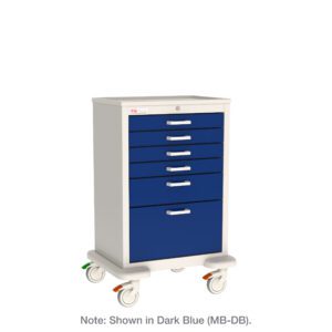 The Metro MBX4101TL Basix Medical Cart has a sleek white frame, six dark blue (MB-DB) drawers, four wheels with uniquely colored foot pedals, ideal for hospitals.