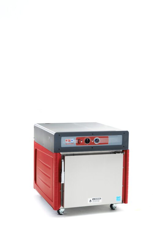 scc7x37yx90149x97czkuoecru7frl6l.jpg The Metro C543X-ASFS-U C5 4 Series Insulated Holding Cabinet is a red and silver industrial machine on wheels with knobs, a display, flat surfaces, Universal Wire Slides, and operates at 220-240V. It features a Full Length Solid Door and stands out against the plain white background.