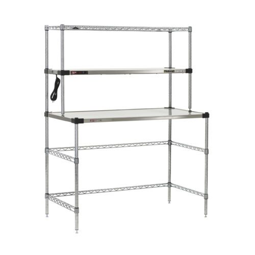 The Metro EZHS48W-KIT Super Erecta Hot Workstation is a 24 x 48 x 64 unit featuring stainless steel shelves, a power strip for convenience, adjustable feet for stability, and handles up to 400W on a standard 120V supply.
