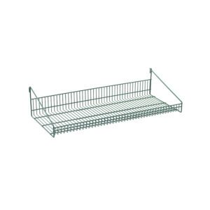 The Metro GS1436K3 SmartWall Grid Shelf, measuring 14 x 36 in Metroseal Green Epoxy, features a latticed base for ventilation, vertical side supports for organization, and a retaining ledge for practicality.