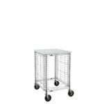 The Metro RE1P Portable Wire Prep Rack is a sleek chrome utility cart with wireframe sides featuring 1.5 slide spacing, four large black caster wheels, and a flat top surface. Ideal for storage or organization, it stands empty against a plain white background.