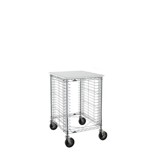 The Metro RE1P Portable Wire Prep Rack is a sleek chrome utility cart with wireframe sides featuring 1.5 slide spacing, four large black caster wheels, and a flat top surface. Ideal for storage or organization, it stands empty against a plain white background.
