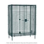 The Metro SEC56K3 Super Erecta Stationary Security Shelving Unit in Metroseal Green Epoxy is a large, dark green wire storage cage with a secure lockable door on four legs. Its grid pattern provides visibility. Note: Actual dimensions may vary from 27.25 x 62.5 x 66.8125.