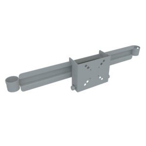 The Metro FM30X3 Flat Monitor Mounting Bracket and Cross Bar Kit, measuring 30 L, is a gray metal design with multiple screw holes, adjustable sliding arms, and cylindrical support ends.