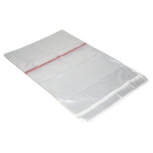 A transparent, rectangular plastic bag with a red zip closure lies flat on a white background, showcasing the sealed design of the Metro FL183 Security Bags for Flexline and Lifeline 3 and 6 Trays, available in packs of 20.