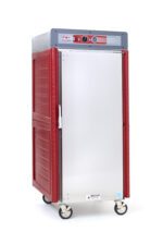 The Metro C549-ASFS-U C5 4 Series Insulated Holding Cabinet offers a full-height, solid door and red and silver design. It includes dials, a temperature display for 60Hz use, universal wire slides, and four wheels for mobility.