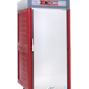 The Metro C549-ASFS-U C5 4 Series Insulated Holding Cabinet offers a full-height, solid door and red and silver design. It includes dials, a temperature display for 60Hz use, universal wire slides, and four wheels for mobility.