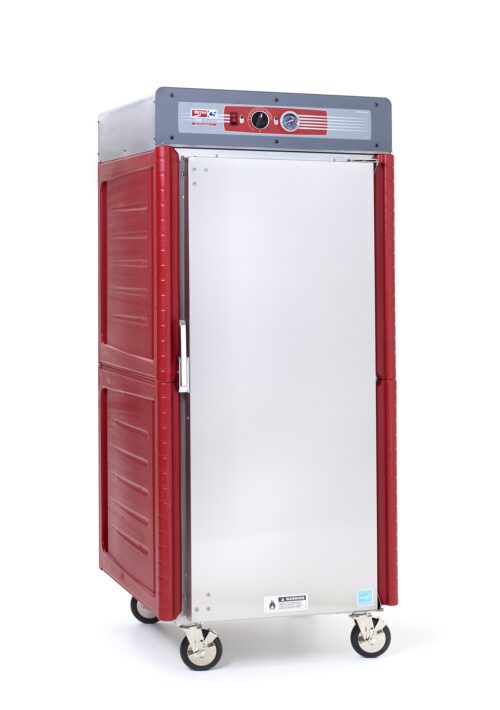 The Metro C549-ASFS-U C5 4 Series Insulated Holding Cabinet offers a full-height, solid door and red and silver design. It includes dials, a temperature display for 60Hz use, universal wire slides, and four wheels for mobility.