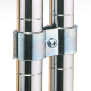 Two parallel metal pipes are secured by the Metro 9994BL Post Clamp for Super Erecta Industrial Wire Shelving. The glossy black clamp with a central screw enhances the polished surfaces of the pipes, which stand out against a plain white background because of their sleek metallic finish.