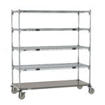 The Metro ECN56CA Cart, featuring a 24 x 60 galvanized steel bottom shelf and mesh-style tiers, is a versatile metal shelving unit with five levels and four wheels for enhanced storage and organization mobility.