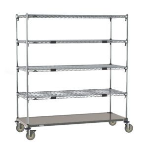 The Metro ECN56CA Cart, featuring a 24 x 60 galvanized steel bottom shelf and mesh-style tiers, is a versatile metal shelving unit with five levels and four wheels for enhanced storage and organization mobility.