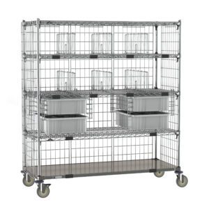 The Metro ECN56CD Super Adjustable Cart, featuring a galvanized steel bottom shelf and four 24 x 60 wire shelves on wheels, includes plastic bins and adjustable dividers for versatile storage solutions.