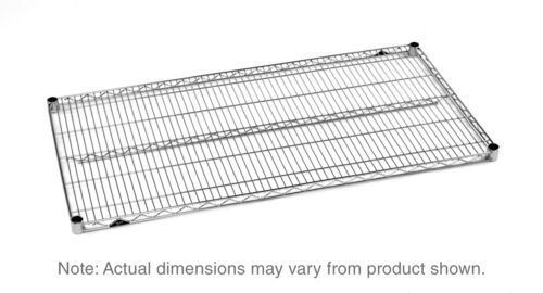 The Metro Super Erecta 1460BR Industrial Wire Shelf is a sleek, Brite-finished metal wire shelf measuring 14 x 60 with a grid pattern and four black corner caps. Dimensions may vary from those shown.