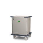 The Metro CaseVue CV24LS-NB Cart features a solid door, measures 33.5W x 28D x 40.625H, and comes in gray stainless steel with four wheels and navy blue corner bumpers. It has a flat top with a unique green latch.