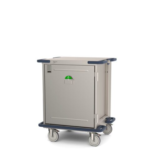 The Metro CaseVue CV24LS-NB Cart features a solid door, measures 33.5W x 28D x 40.625H, and comes in gray stainless steel with four wheels and navy blue corner bumpers. It has a flat top with a unique green latch.