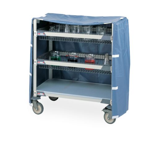 The Metro GWSVC41 Blue Glassware Cart Cover for Short Units includes a sleek cover and three wire basket shelves. The top shelf displays clear beakers, while the middle shelf holds vibrant colored liquids. It rolls smoothly on four wheels.