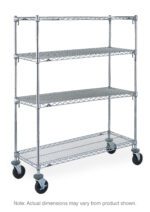 A chrome Metro Super Adjustable Super Erecta A556EC 4-Shelf Industrial Wire Shelving Stem Caster Cart, 24 x 48 x 67.875, with three adjustable shelves on four wheels. Silver structure features reinforced edges and open grid shelves. Note: Actual dimensions may vary.