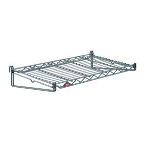 The Metro FGS1224K3 SmartWall Flat Grid Shelf, Metroseal Green Epoxy, 12 x 24, features a sleek rectangular design with corner support hooks and a small red tag at the front. The metal wire shelf stands against a plain white background.
