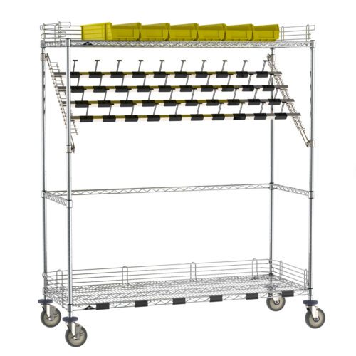 snmjsd64ogpux90czgok3vuvb83youur.jpg This 24 x 60 x 68 metal storage rack on wheels features three shelves: top with yellow bins, middle adorned with binder clips, and an empty bottom shelf, similar to the Metro CPC56EC Super Erecta Wire Catheter Procedure Carts bulk storage style.