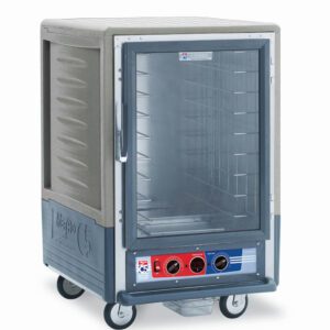 The Metro C535-MXFC-4-GYA is a 1/2 height, insulated moisture heated holding/proofing cabinet with a full-length clear door and fixed wire slides. Operating at 220-240V, 50/60Hz, 1681-2000W, it features temperature control and bottom vents for versatile storage.