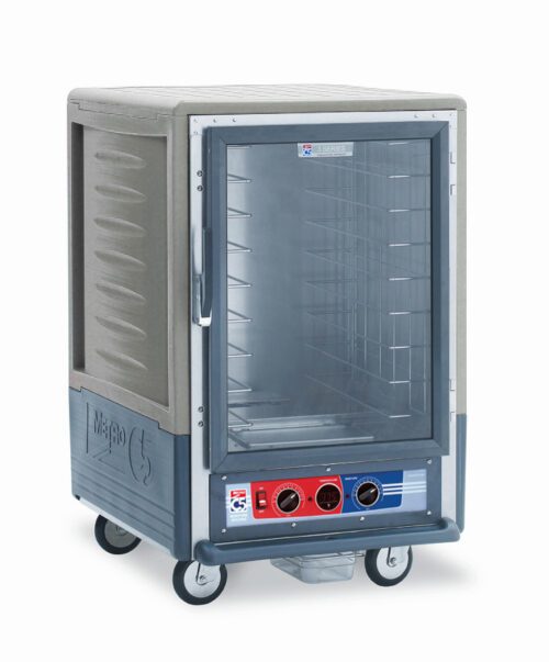 The Metro C535-MXFC-4-GYA is a 1/2 height, insulated moisture heated holding/proofing cabinet with a full-length clear door and fixed wire slides. Operating at 220-240V, 50/60Hz, 1681-2000W, it features temperature control and bottom vents for versatile storage.