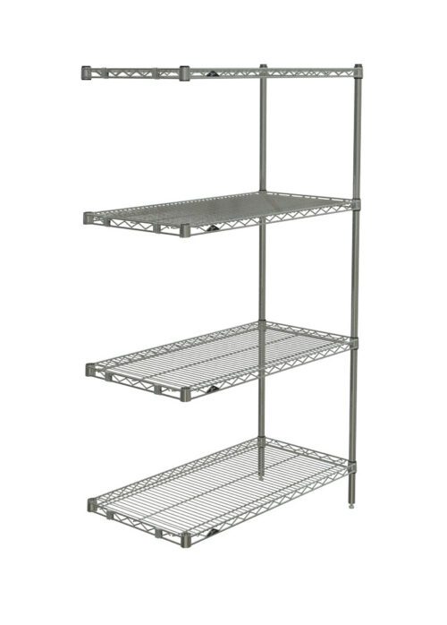 The Metro AN336BR Super Erecta 4-Shelf Industrial Wire Shelving Add-On Unit in Brite measures 18 x 36 x 63 and features a sturdy metal frame with open, adjustable shelves, ideal for organizing a garage, pantry, or storage area.