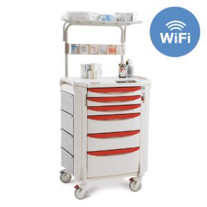 The Metro FLWCCU1 Flexline Critical Care Cart with Wireless Touchpad features red drawers, wheels, a supply shelf, and offers wireless connectivity capability via its WiFi-enabled touchpad.
