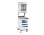 The Metro SXRSENT1 Starsys Mobile Workcenter is a wheeled medical cart featuring a tall design, upper glass-front cabinet, and blue-handled drawers for efficient supply organization.