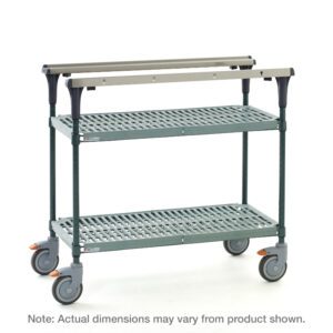 Introducing the Metro MS1824-PRPR PrepMate MultiStation, a versatile utility cart with Super Erecta Pro top and bottom shelves and durable Metroseal Green Epoxy posts. This gray metal-framed 24 prep station features four wheels for mobility and perforated shelves for enhanced functionality. Dimensions may vary.