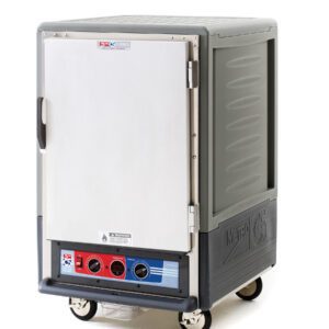 The Metro C535-MFS-L-GY C5 3 Series is a gray insulated heated holding/proofing cabinet with a full-length solid door, ideal for food warming and transport. Operating at 120V, it features aluminum slides and red/blue control dials, ensuring efficient temperature maintenance during transit.