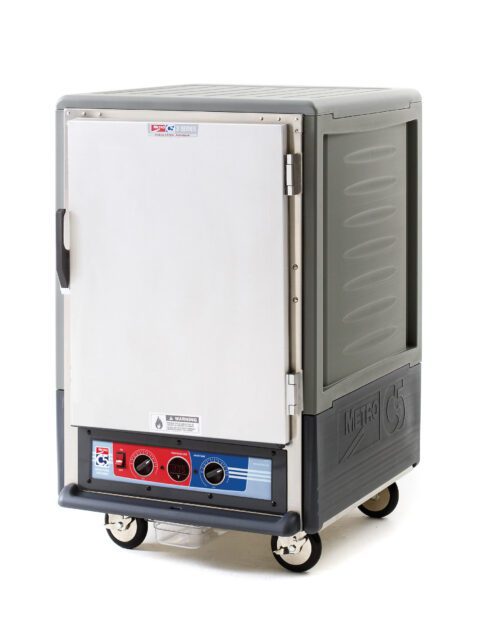 The Metro C535-MFS-L-GY C5 3 Series is a gray insulated heated holding/proofing cabinet with a full-length solid door, ideal for food warming and transport. Operating at 120V, it features aluminum slides and red/blue control dials, ensuring efficient temperature maintenance during transit.