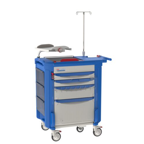 The Metro LECCRP4 Lifeline Crash Cart, Blue, features multiple drawers and compartments, a convenient IV pole, and sturdy wheels for effortless mobility.