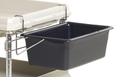 A black plastic Metro BCUB2D Utility Bin and Holder for the Metro Deep Ledge BC2030 Utility Cart is attached with metal brackets to its beige frame, which has multiple tiers supported by sturdy metal poles for organized storage.