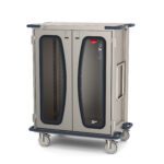The Metro CaseVue CV36HC-NBH Surgical Case Cart, measuring 45.5W x 28D x 58.25H, features clear doors, a gray body with blue accents, four wheels, and side metal handles for efficient storage and transport of medical equipment.