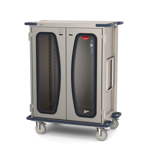 sumznca62ukukyadndkjcqdhclwsn2dj.jpg The Metro CaseVue CV36HC-NBH Surgical Case Cart, measuring 45.5W x 28D x 58.25H, features clear doors, a gray body with blue accents, four wheels, and side metal handles for efficient storage and transport of medical equipment.